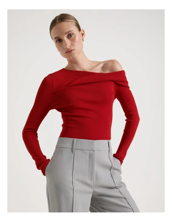 Asymmetrical Off The Shoulder Knit Top in Red image 1