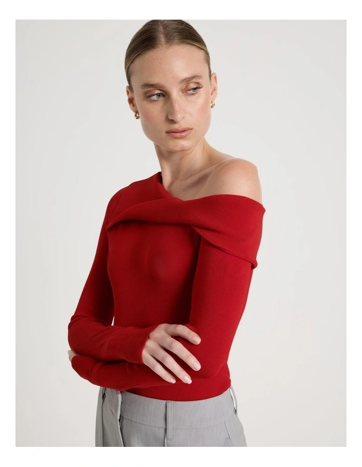 Asymmetrical Off The Shoulder Knit Top in Red image 3