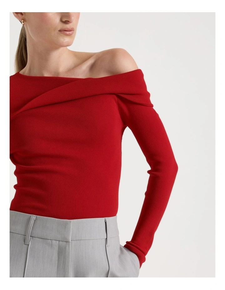 Asymmetrical Off The Shoulder Knit Top in Red image 4