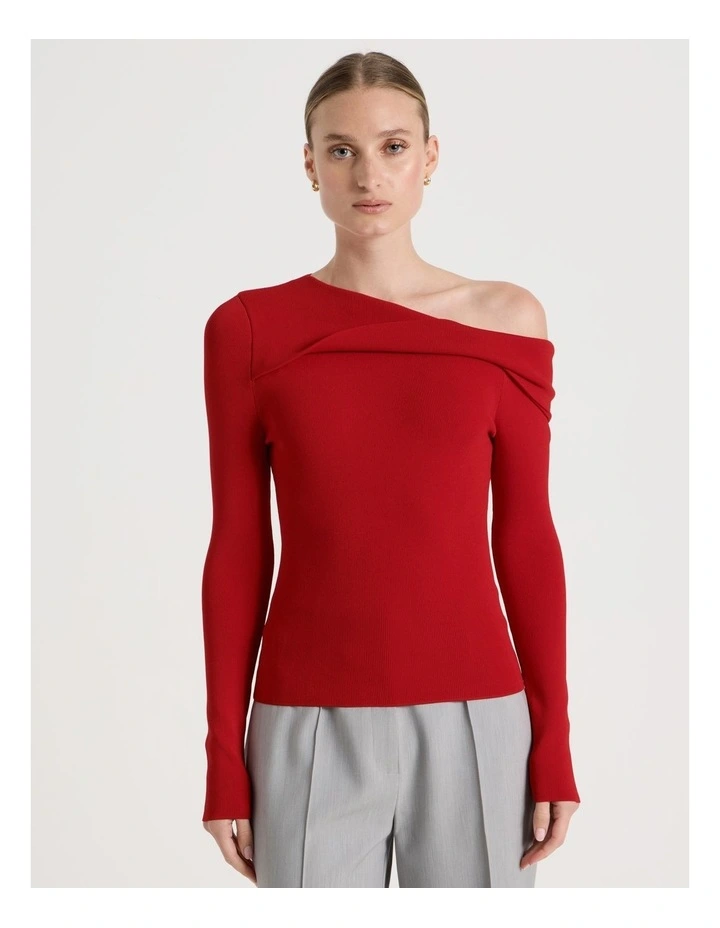 Asymmetrical Off The Shoulder Knit Top in Red image 5