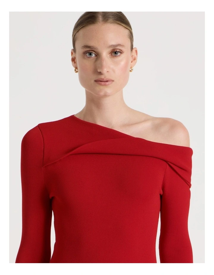 Asymmetrical Off The Shoulder Knit Top in Red image 7