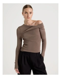 Asymmetrical Off The Shoulder Knit Top in Taupe