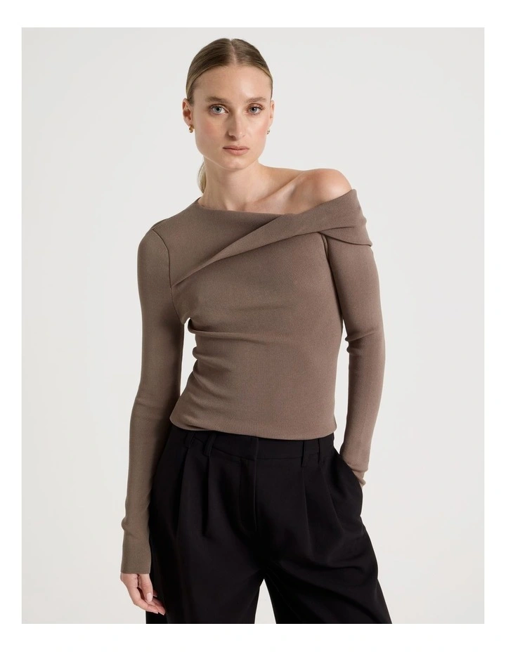 Asymmetrical Off The Shoulder Knit Top in Taupe image 1