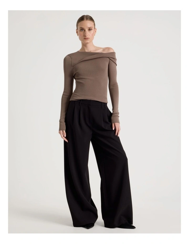 Asymmetrical Off The Shoulder Knit Top in Taupe image 2