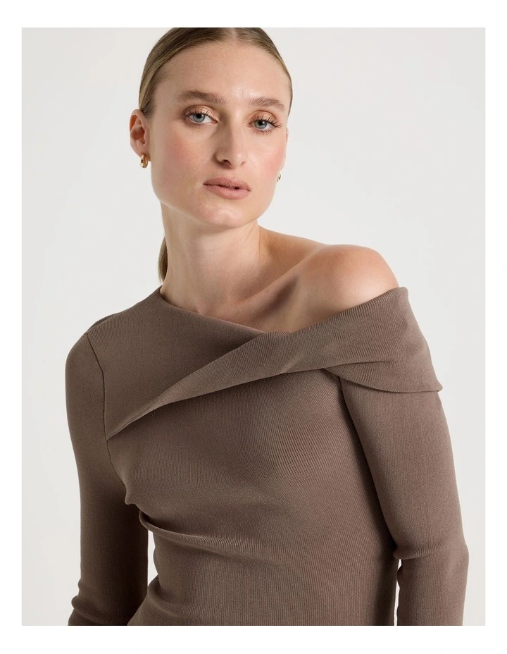 Asymmetrical Off The Shoulder Knit Top in Taupe image 3