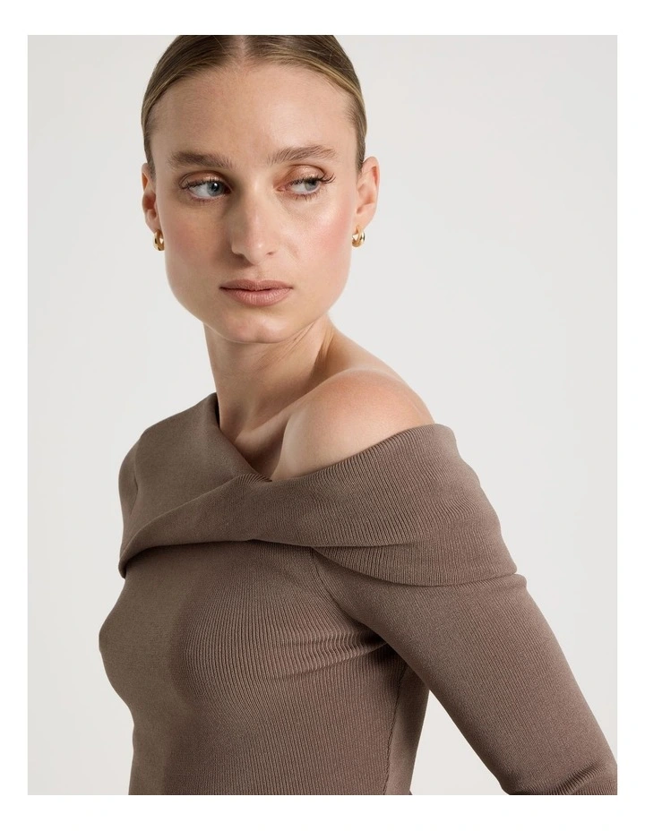 Asymmetrical Off The Shoulder Knit Top in Taupe image 5