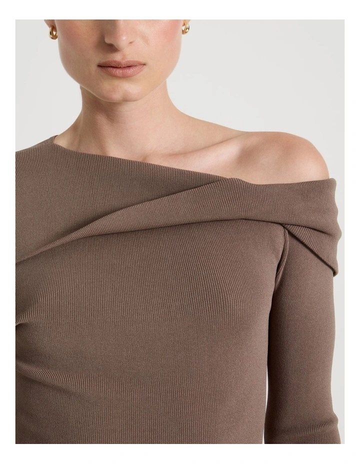 Asymmetrical Off The Shoulder Knit Top in Taupe image 7