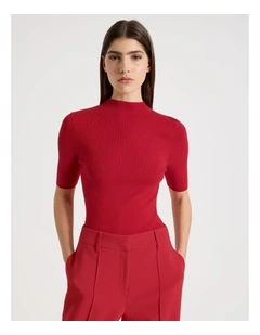 High Neck Short Sleeve Knit Top in Red