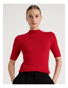 High Neck Short Sleeve Knit Top in Red