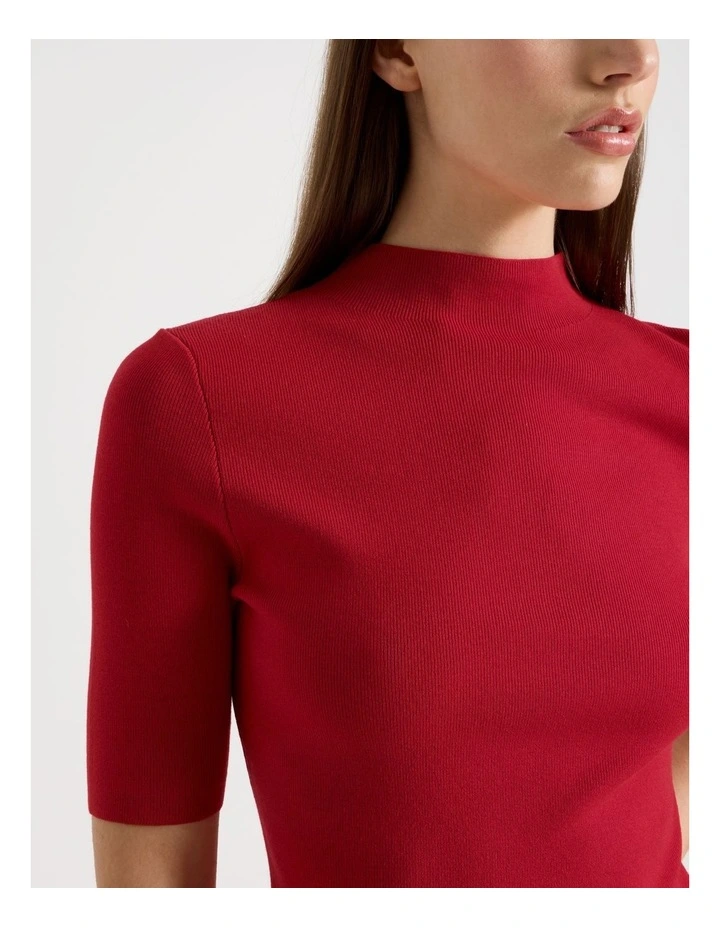 High Neck Short Sleeve Knit Top in Red image 3
