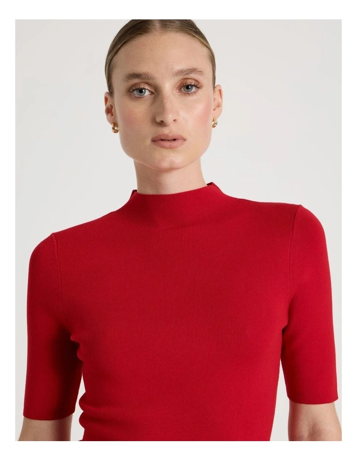 High Neck Short Sleeve Knit Top in Red image 3