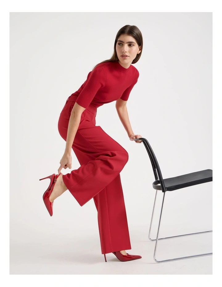High Neck Short Sleeve Knit Top in Red image 4