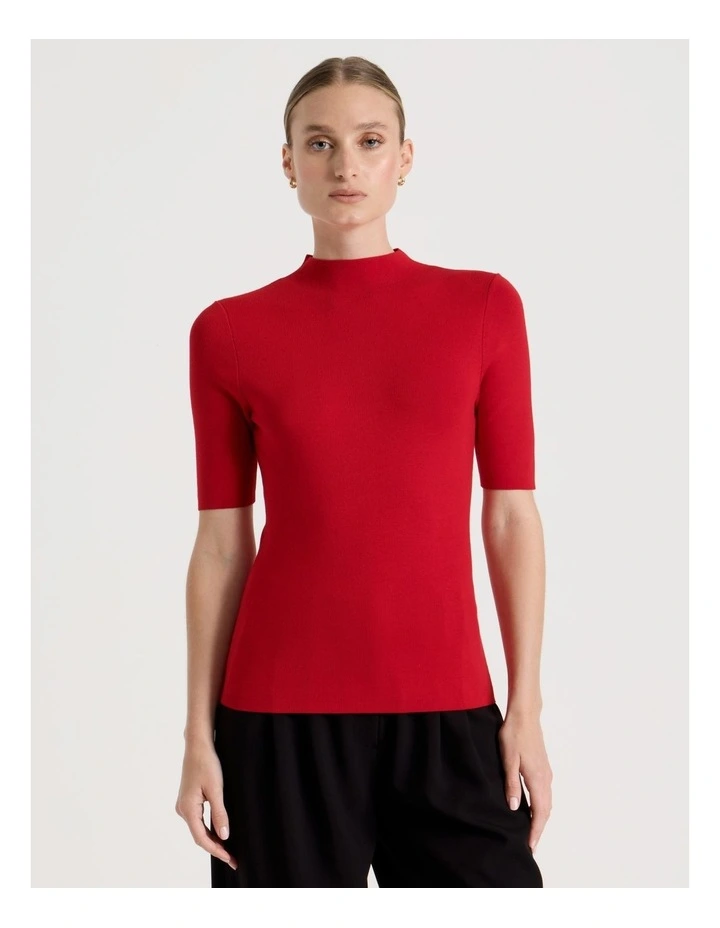 High Neck Short Sleeve Knit Top in Red image 4