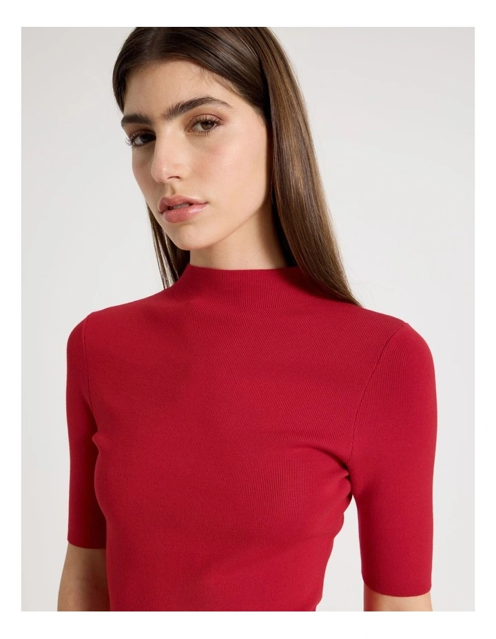 High Neck Short Sleeve Knit Top in Red image 5