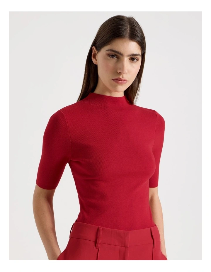 High Neck Short Sleeve Knit Top in Red image 6