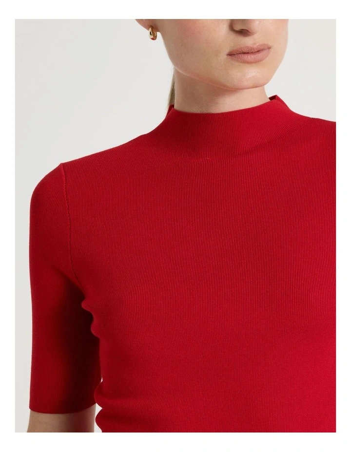 High Neck Short Sleeve Knit Top in Red image 7