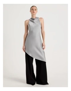 Satin Asymmetrical Longline Top in Grey