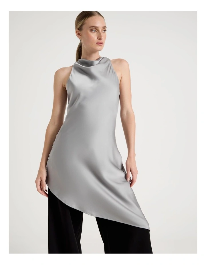 Satin Asymmetrical Longline Top in Grey image 2