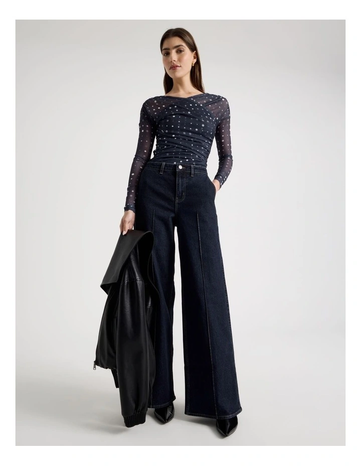 Mesh Long Sleeve Ruched Top in Navy image 2
