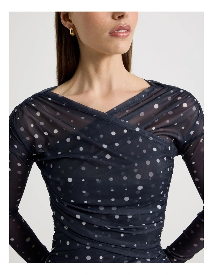 Mesh Long Sleeve Ruched Top in Navy image 3