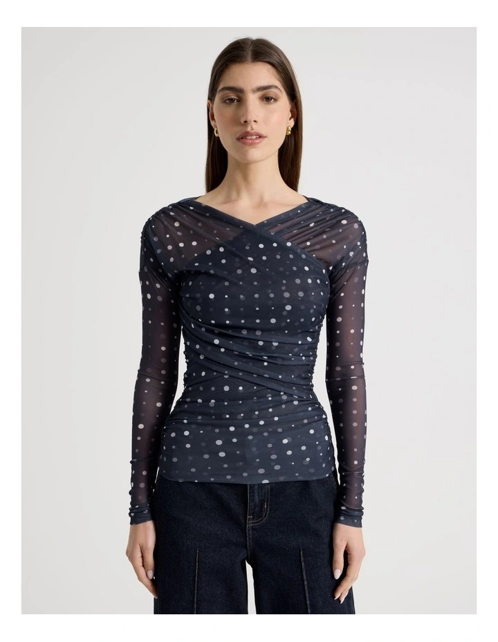 Mesh Long Sleeve Ruched Top in Navy image 5