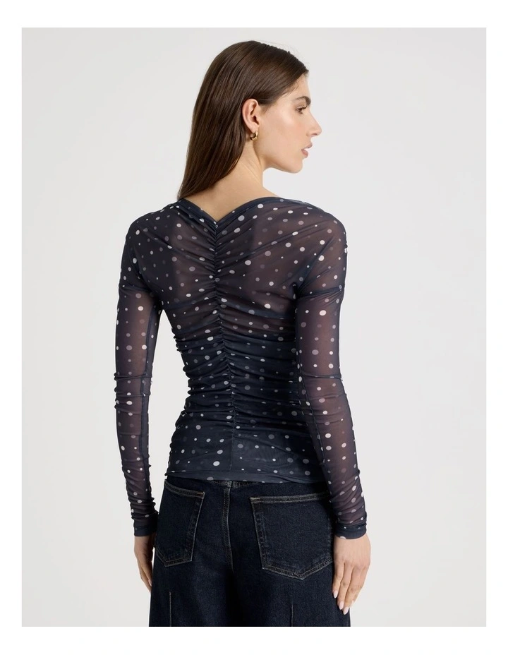 Mesh Long Sleeve Ruched Top in Navy image 6