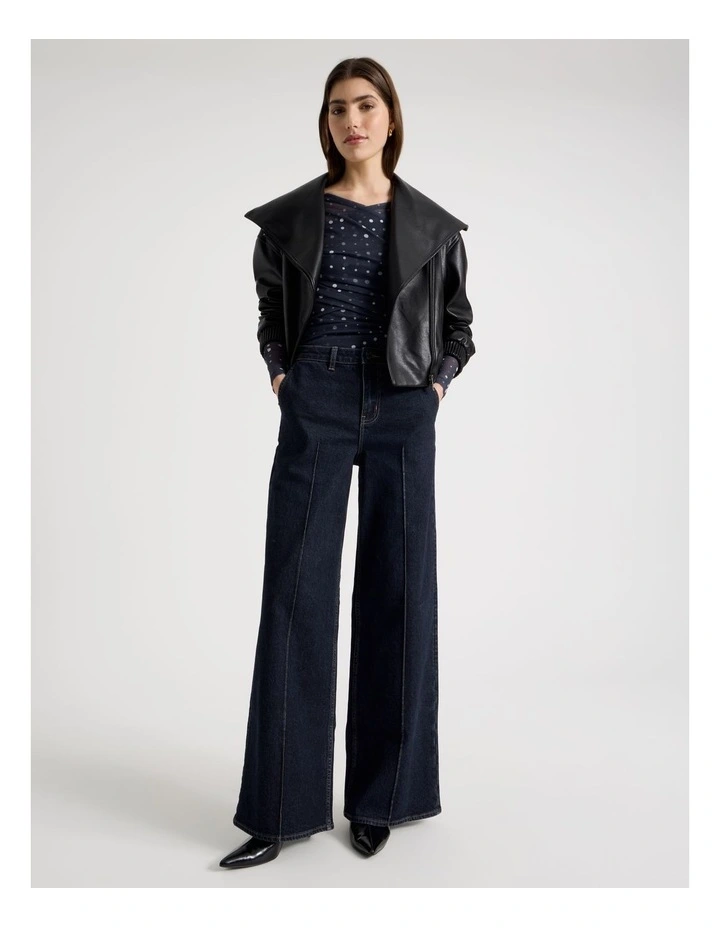 Mesh Long Sleeve Ruched Top in Navy image 7