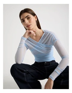 Mesh Long Sleeve Ruched Top in Sky Blue