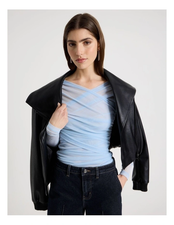 Mesh Long Sleeve Ruched Top in Sky Blue image 4