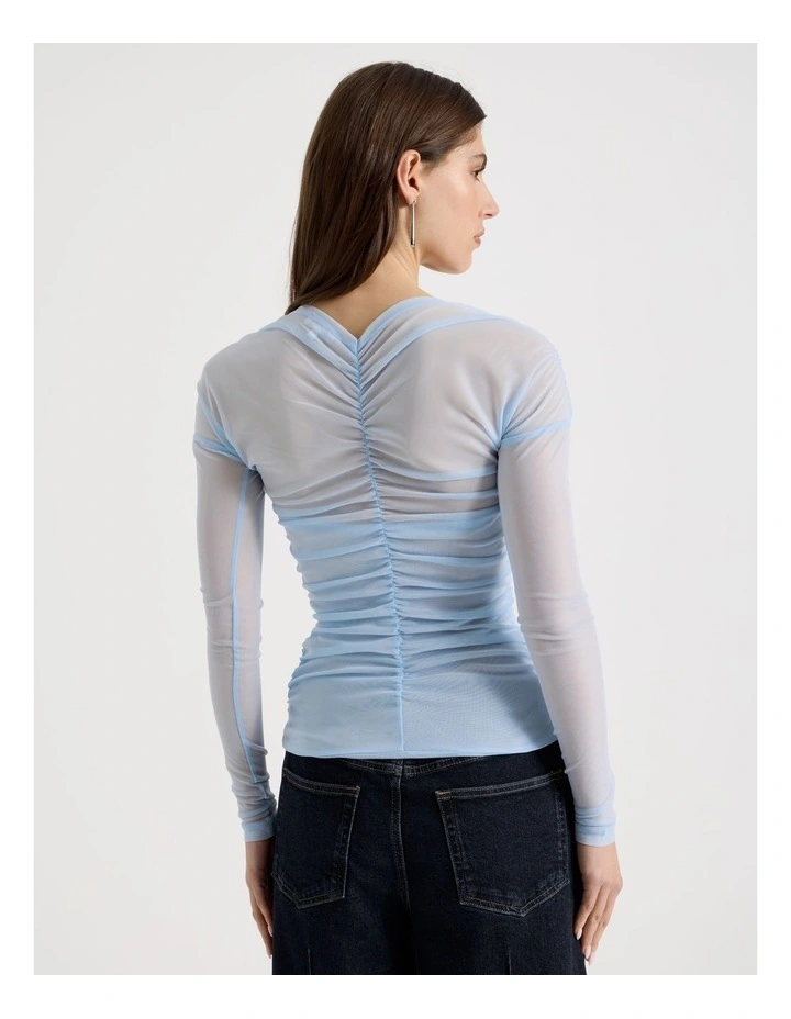 Mesh Long Sleeve Ruched Top in Sky Blue image 6
