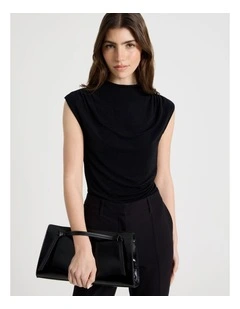 Glitter Mesh Draped Top in Black
