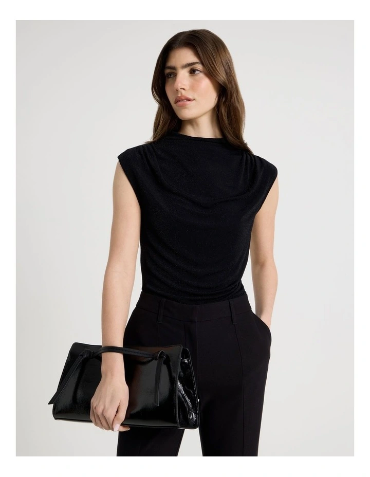 Glitter Mesh Draped Top in Black image 3