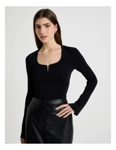 Wire Insert Long Sleeve Knit Top in Black