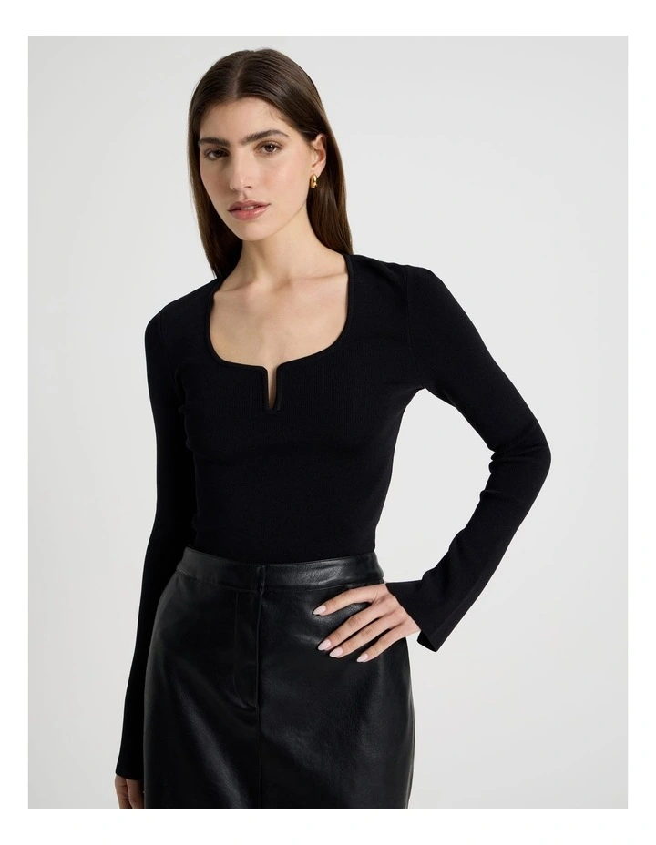 Wire Insert Long Sleeve Knit Top in Black image 1