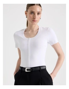 Scoop Neck Button Down Knit Top in White