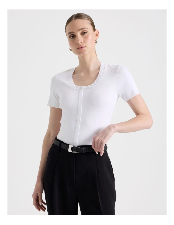 Scoop Neck Button Down Knit Top in White image 3