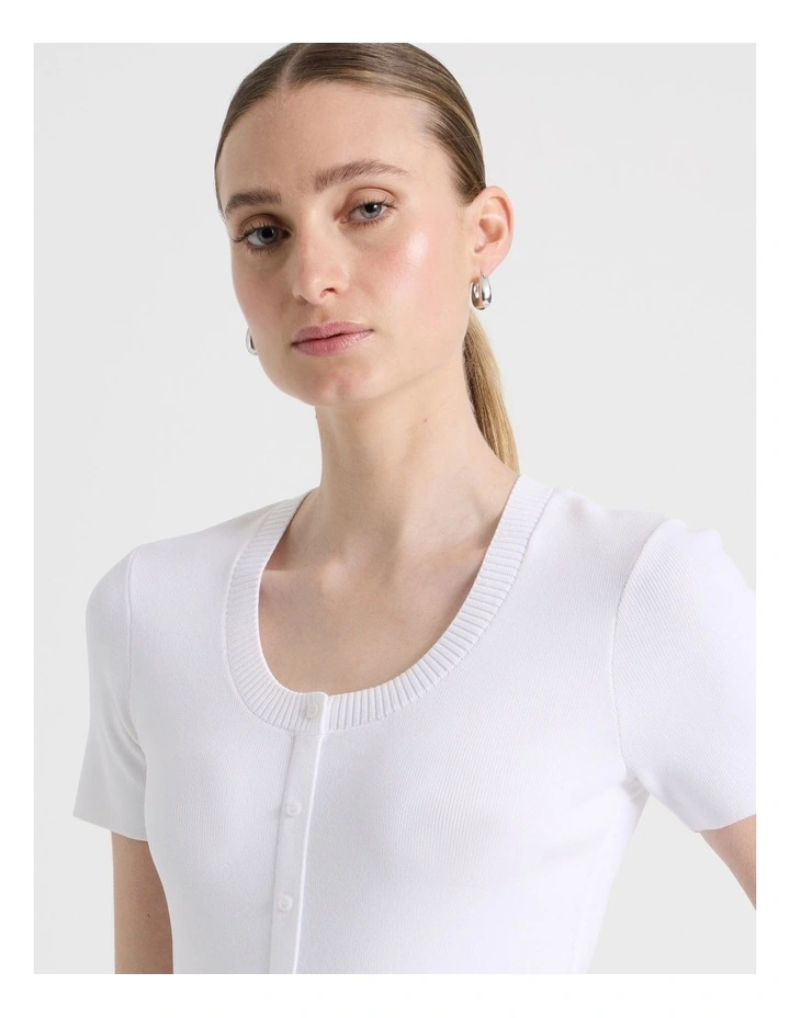Scoop Neck Button Down Knit Top in White image 4