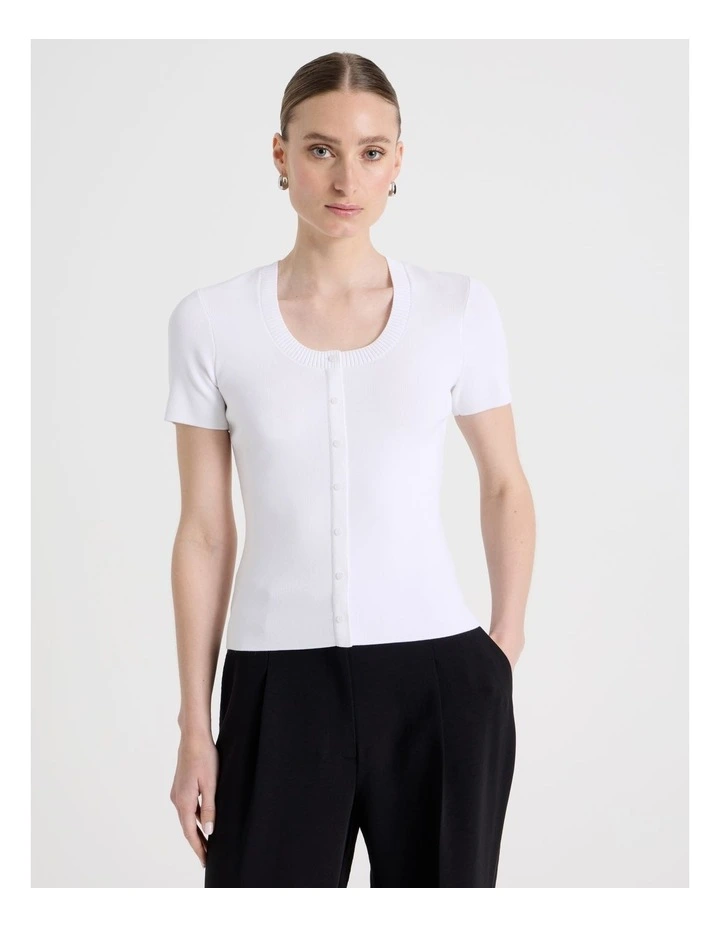 Scoop Neck Button Down Knit Top in White image 5