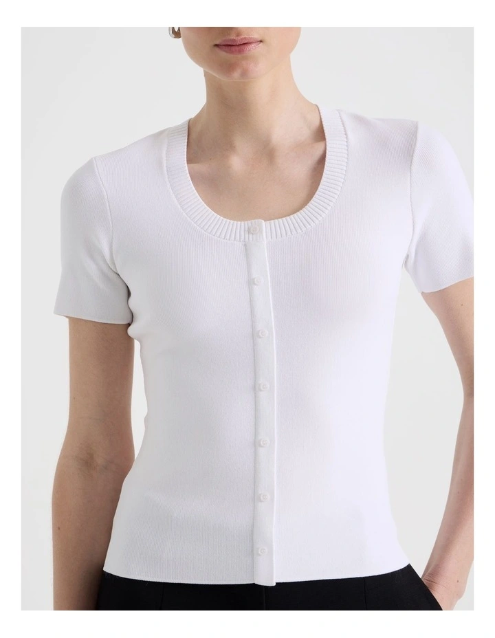 Scoop Neck Button Down Knit Top in White image 7