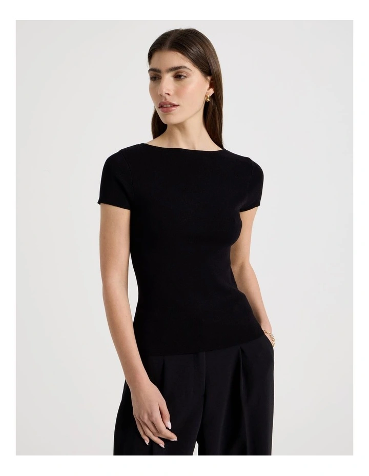 Boat Neck Short Sleeve Knit Top in Black image 1
