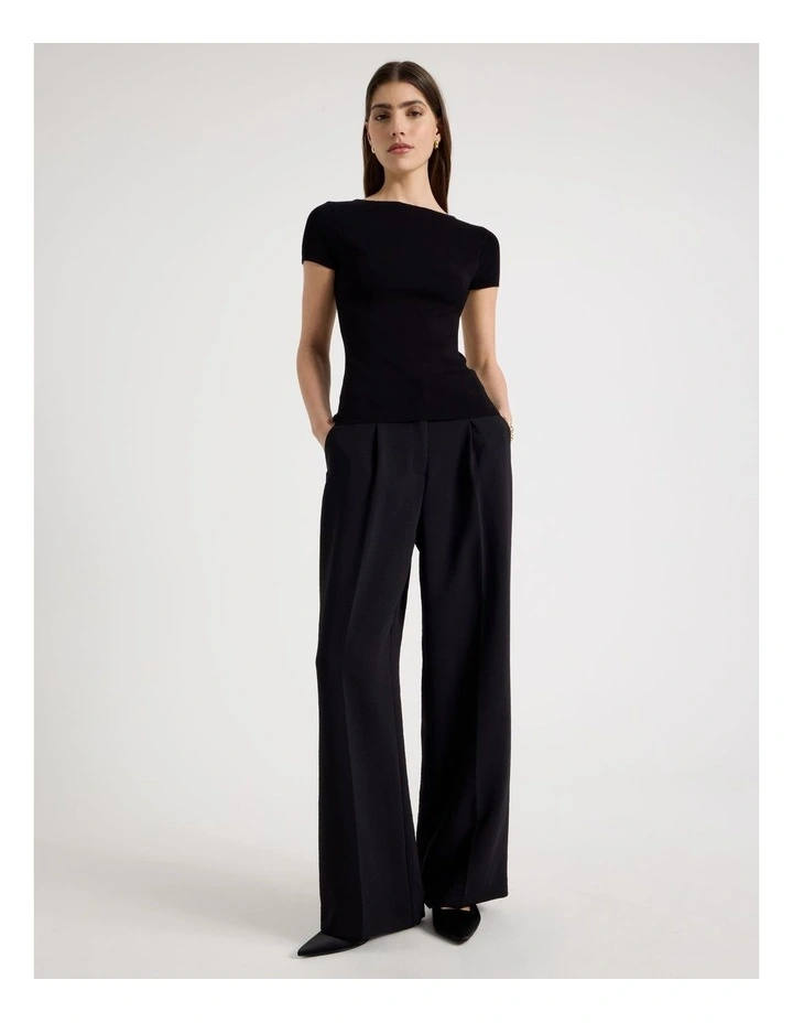 Boat Neck Short Sleeve Knit Top in Black image 2