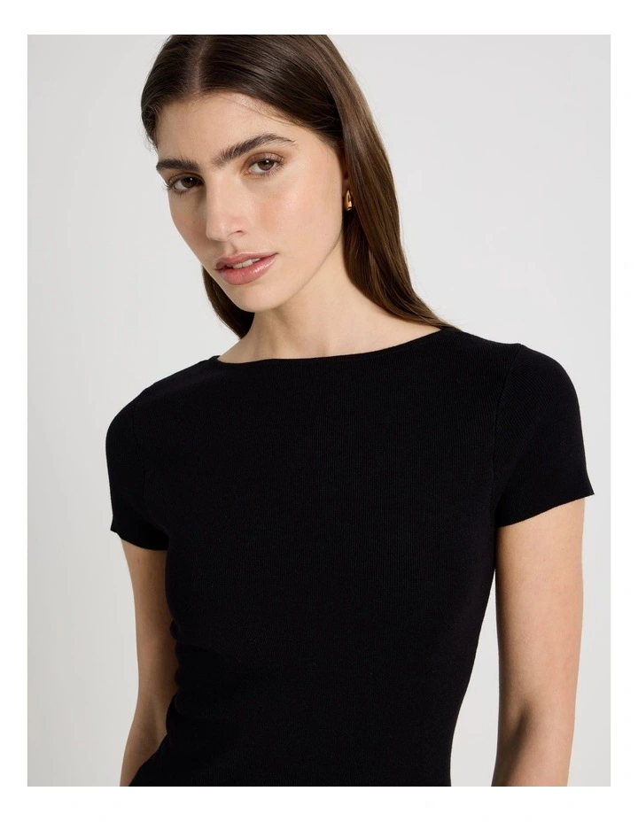 Boat Neck Short Sleeve Knit Top in Black image 3