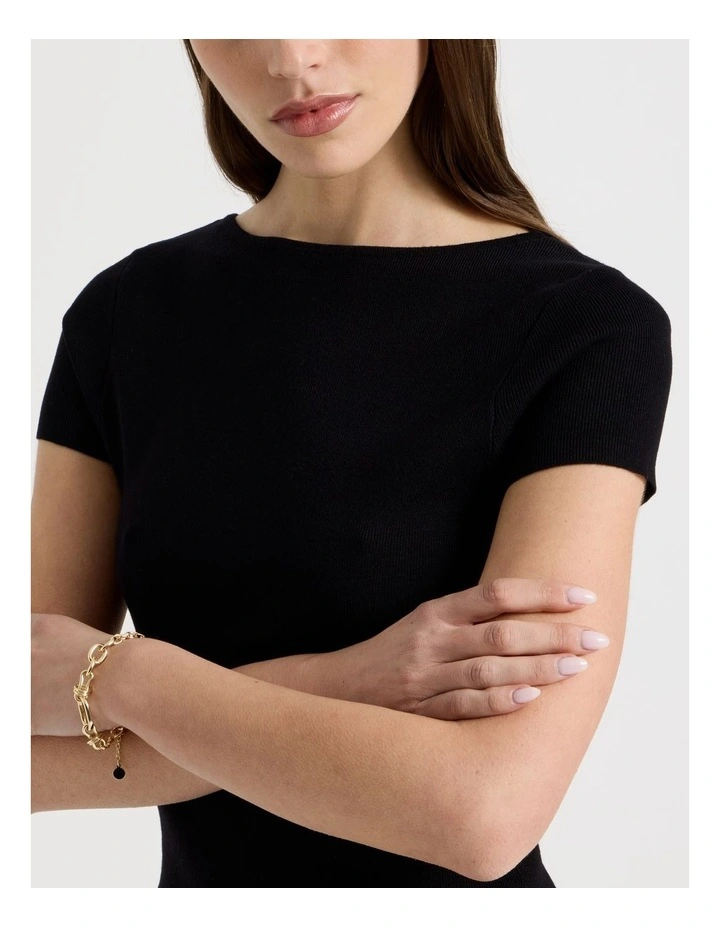 Boat Neck Short Sleeve Knit Top in Black image 4