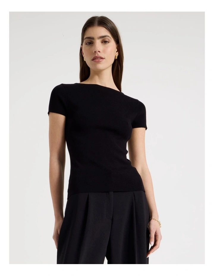 Boat Neck Short Sleeve Knit Top in Black image 5