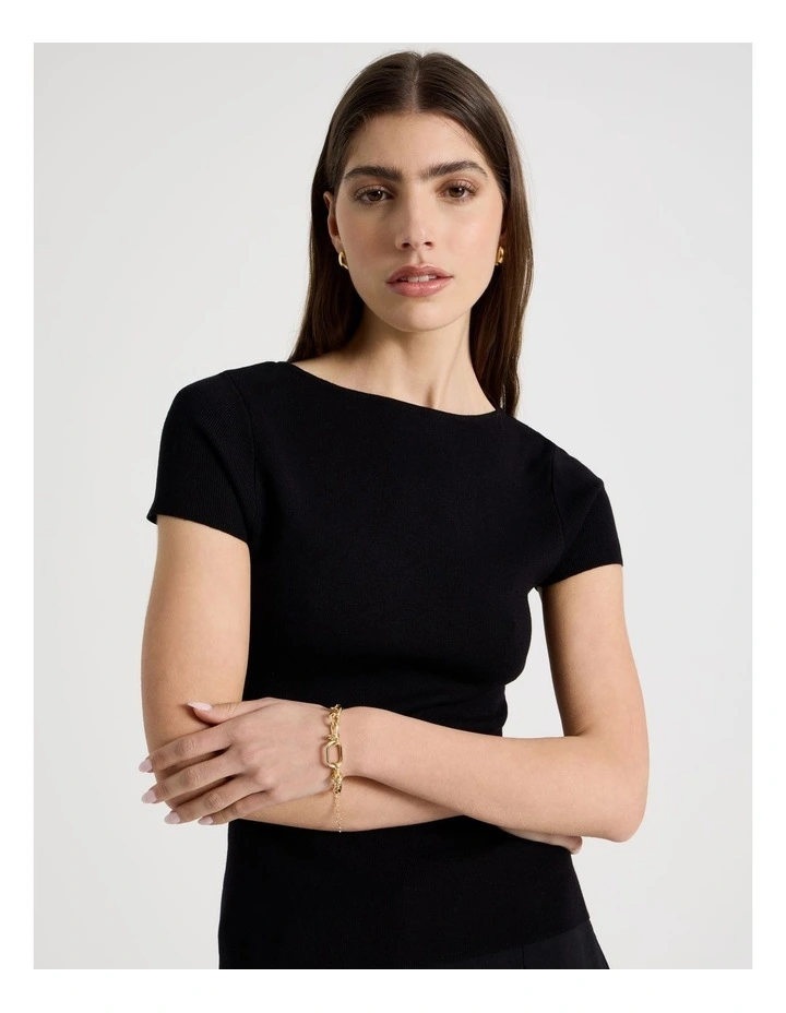 Boat Neck Short Sleeve Knit Top in Black image 7