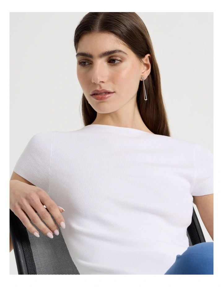 Boat Neck Short Sleeve Knit Top in White image 2