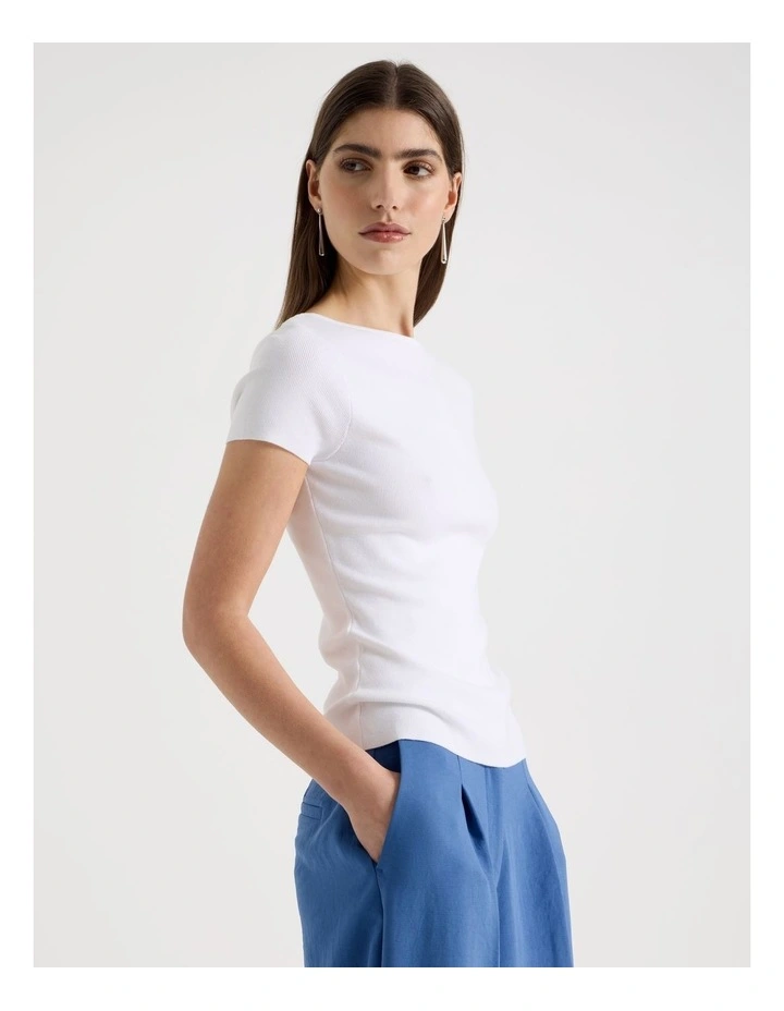 Boat Neck Short Sleeve Knit Top in White image 4