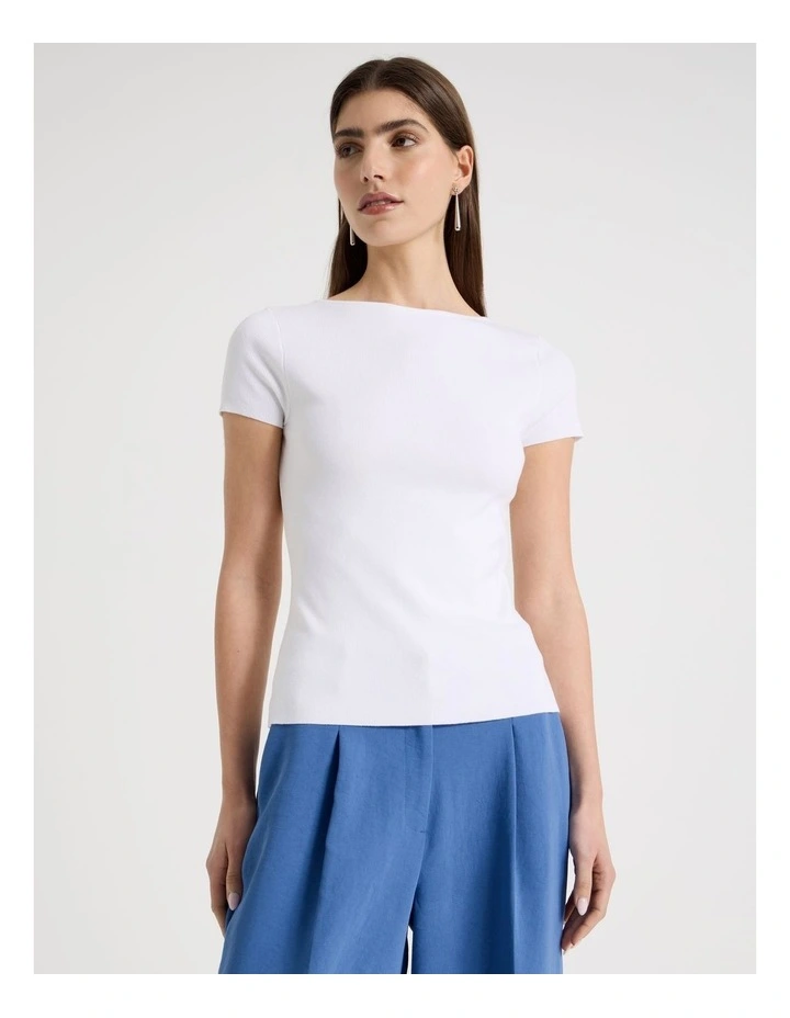 Boat Neck Short Sleeve Knit Top in White image 5
