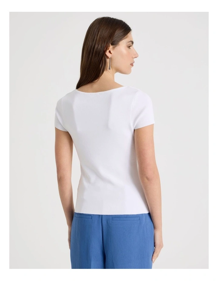 Boat Neck Short Sleeve Knit Top in White image 6