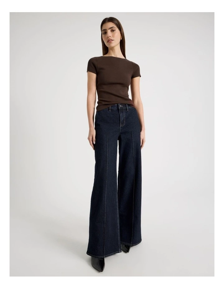 Boat Neck Short Sleeve Knit Top in Brown image 2